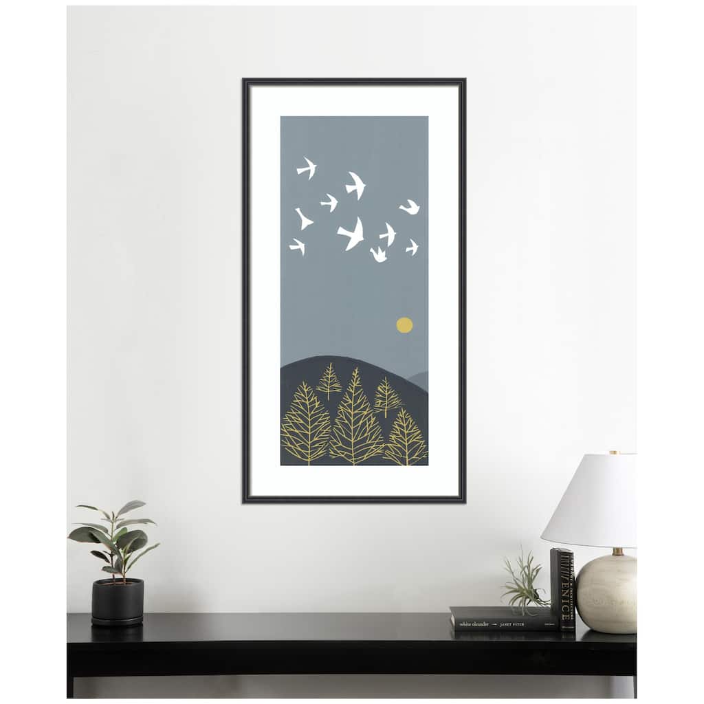Kate and Laurel Framed Art Hilltop Flight Linocut Bird by Giuliana Lazzerini Lazzerini