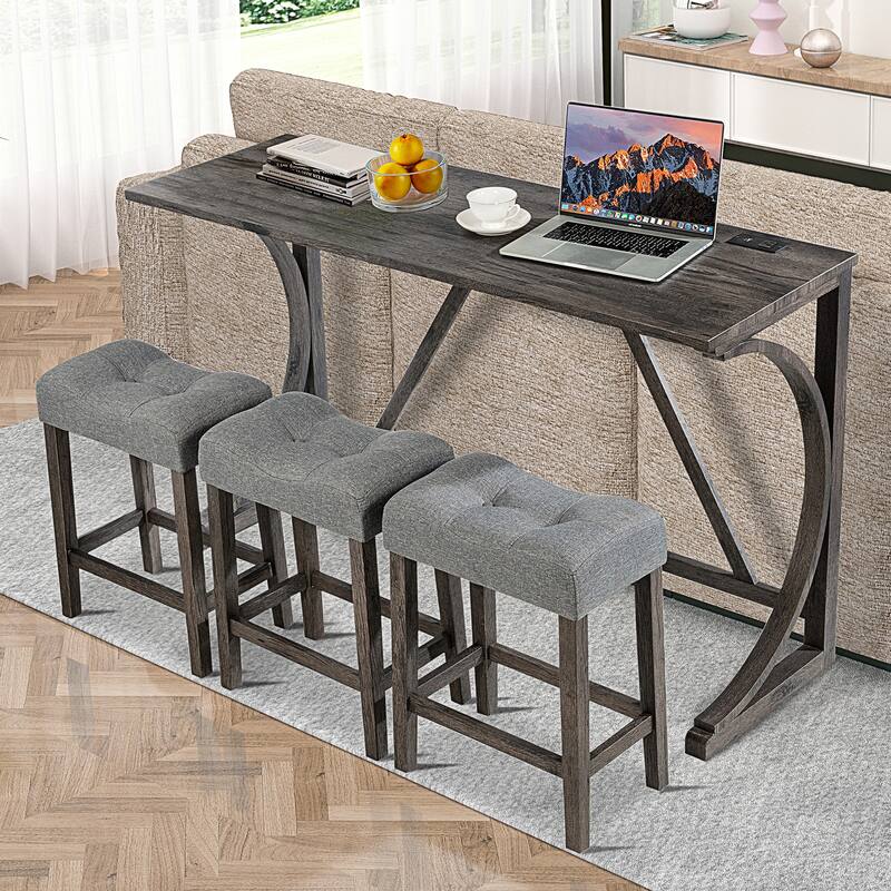 4-Piece Bar Table Set with Power Outlet, Bar Table Set with 3 Padded Stools for Living Room, Dining Room, Game Room, Dark Gray - Dark Gray