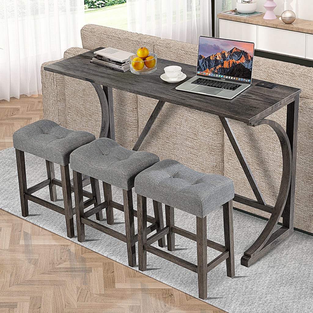 4-Piece Bar Table Set with Power Outlet, Bar Table Set with 3 Padded Stools for Living Room, Dining Room, Game Room, Dark Gray