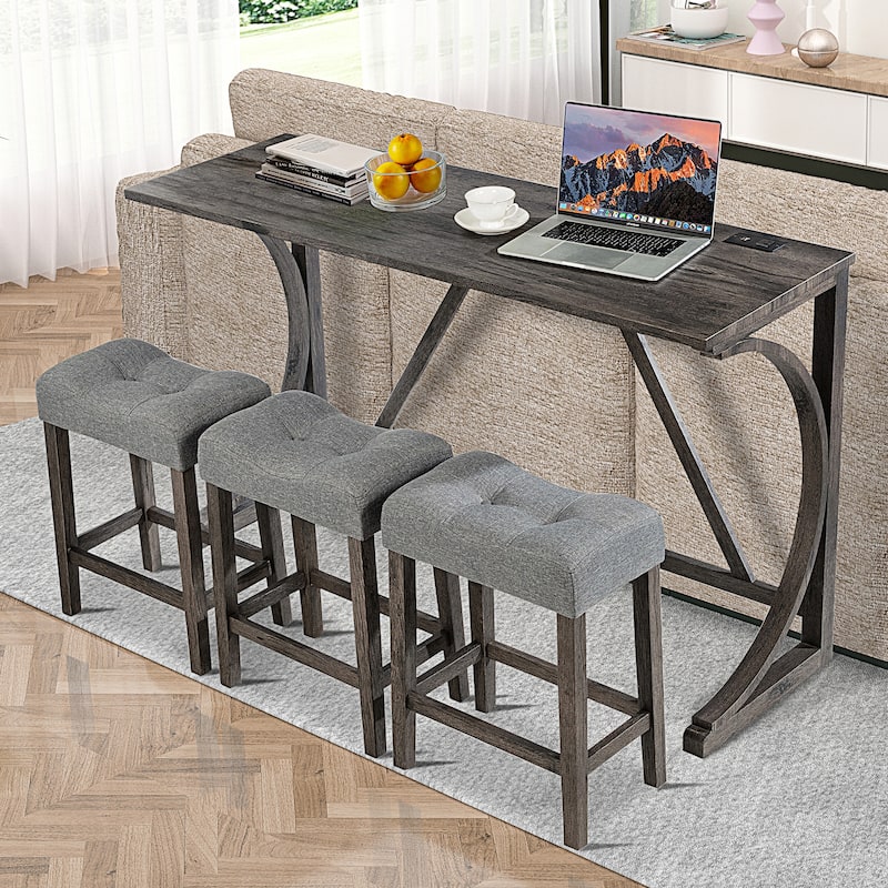 GDFStudio - Alderon 4-Piece Industrial Bar Height Table Set with Built-In Power Outlet & 3 Upholstered Stools - Dark Gray