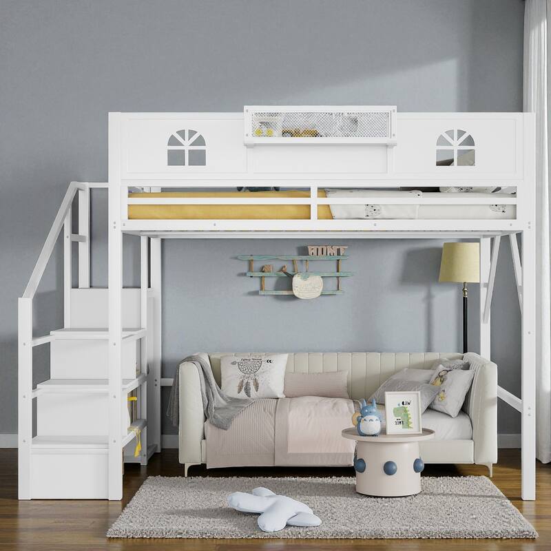 Full/Queen Size Metal Loft Bed with Stairs and Wardrobe, High Loft Bed with House-Shaped Guardrails for Kids and Teens - White - Queen