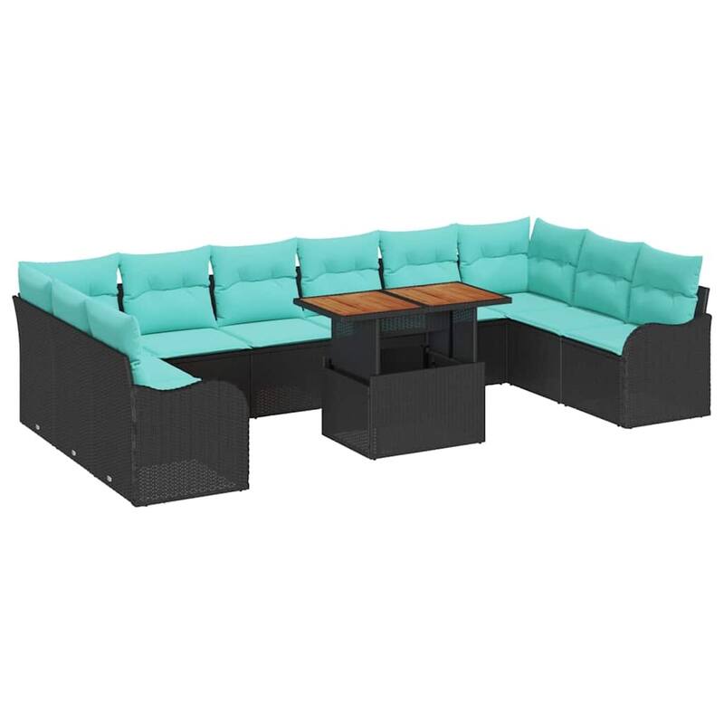 vidaXL 11 Piece Garden Sofa Set with Cushions Black Poly Rattan - 135.4×70×27.2