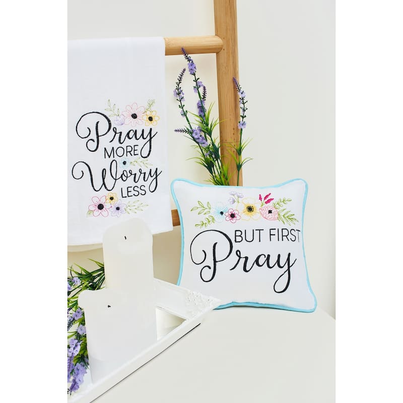 10" x 10" But First Pray Embroidered Small Petite Throw Pillow
