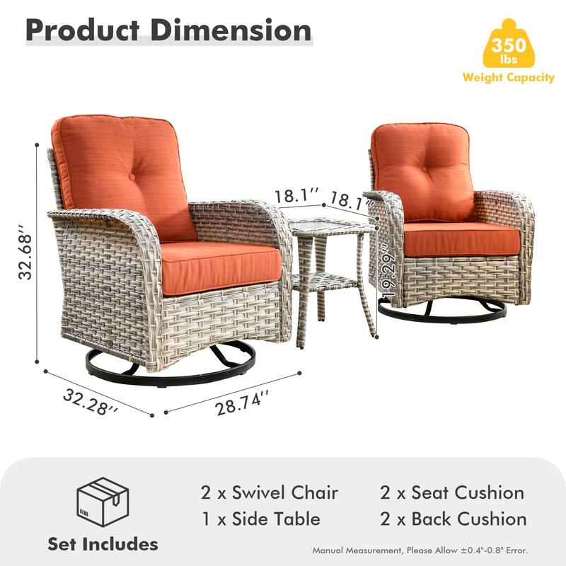 HOOOWOOO 3-piece Outdoor Patio Wicker Rattan High Back Swivel Chair Set
