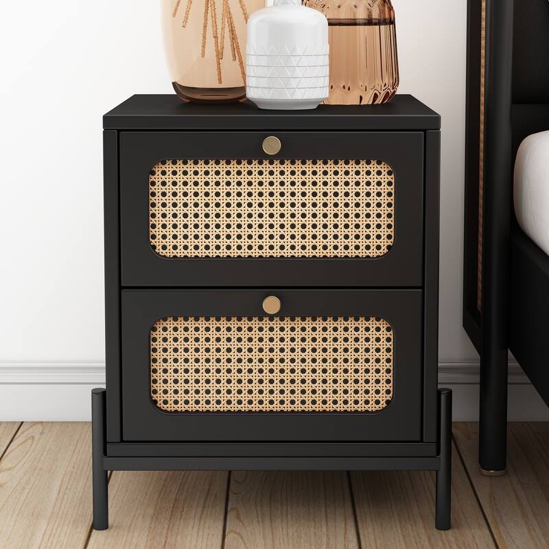 Modern Cannage Rattan Wood Closet 2-Drawer Side Table End Table Nightstand - Black