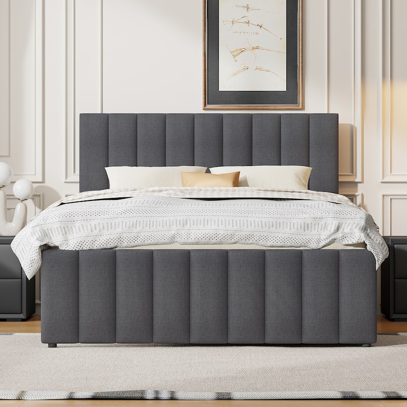 Full Size Upholstered Platform Bed with Twin Size Trundle and 3 Drawers, Linen Fabric