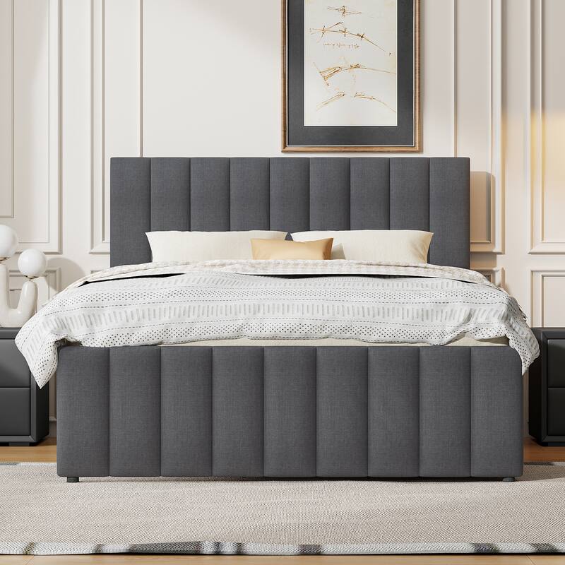 Full Upholstered Platform Bed with Trundle and Drawers, Linen Fabric, Gray