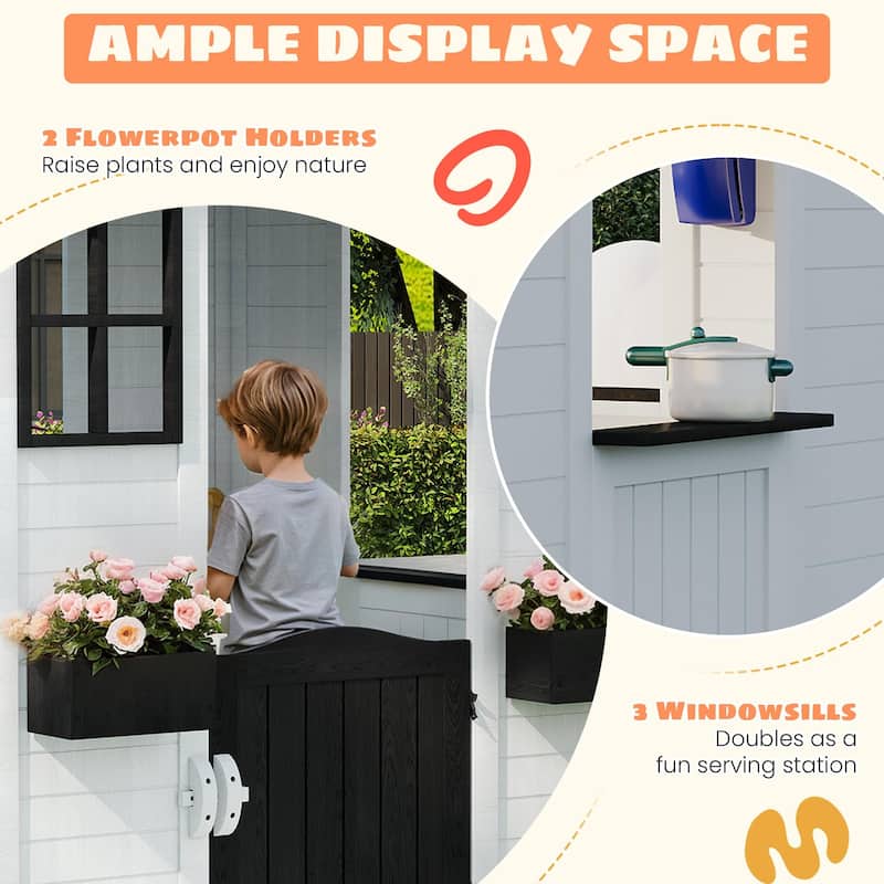 Wooden Adventure Cottage Playhouse for Kids with Working Door, Windows, Service Station, and Flower Pot Holders