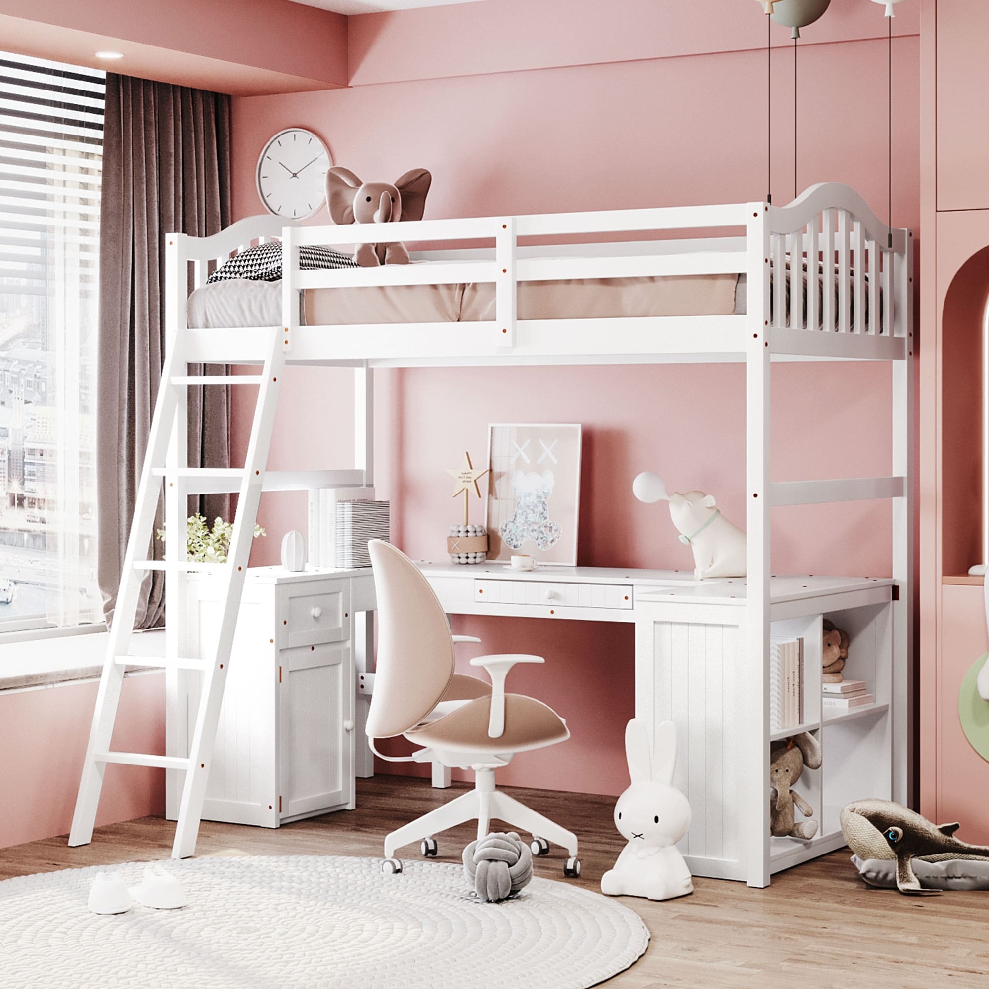 Twin Size Loft Bed with Desk Drawers for Kids Teens Girls Boys Bedroom Solid Wood Loftbed Frame with Shelves Cabinet White
