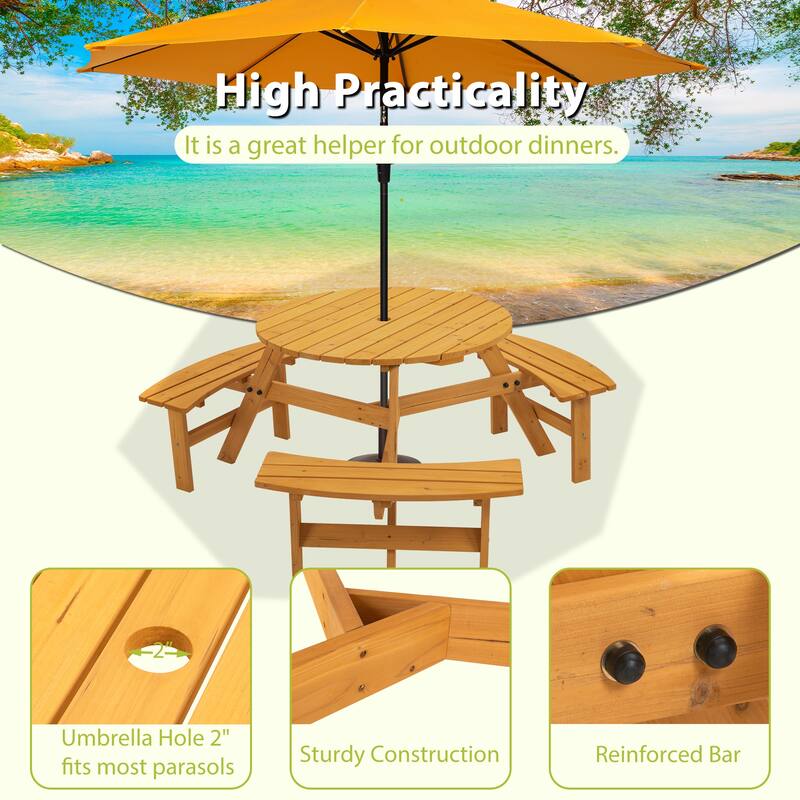 6 Seater Round Dining Table Set with 3 Built-in Benches, Outdoor Courtyard Wooden Picnic Table for Patio, Lawns, Garden