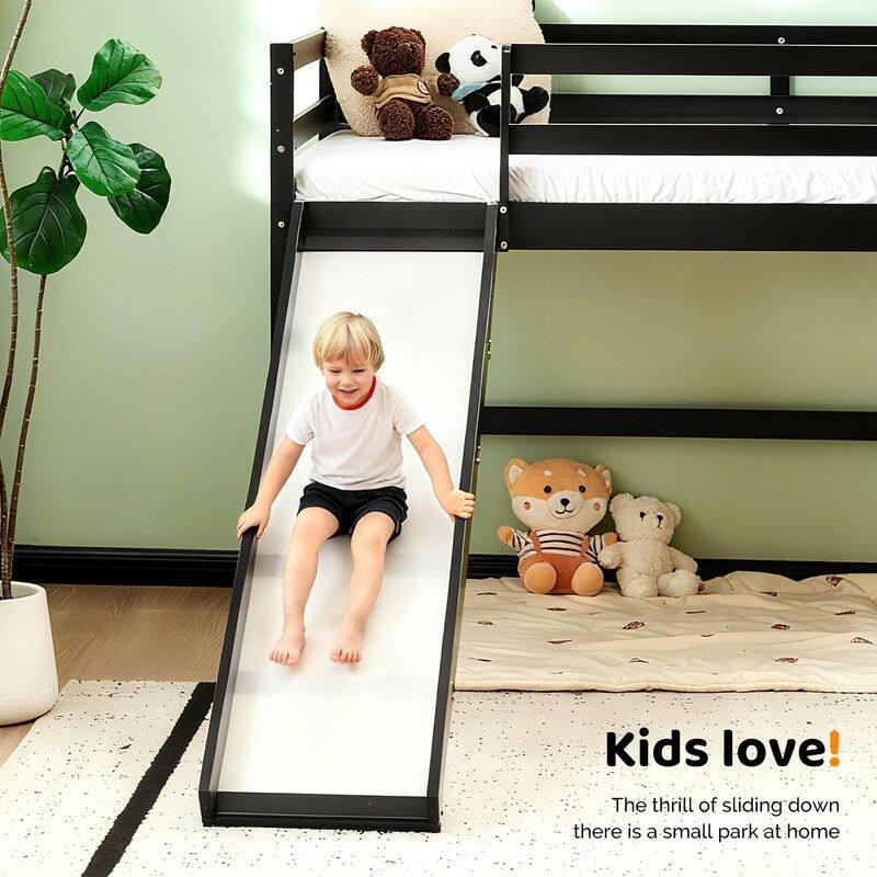 Loft Bed with Slide, Twin, Space Saving Kids Low Loft Bed with Guardrail and Ladder