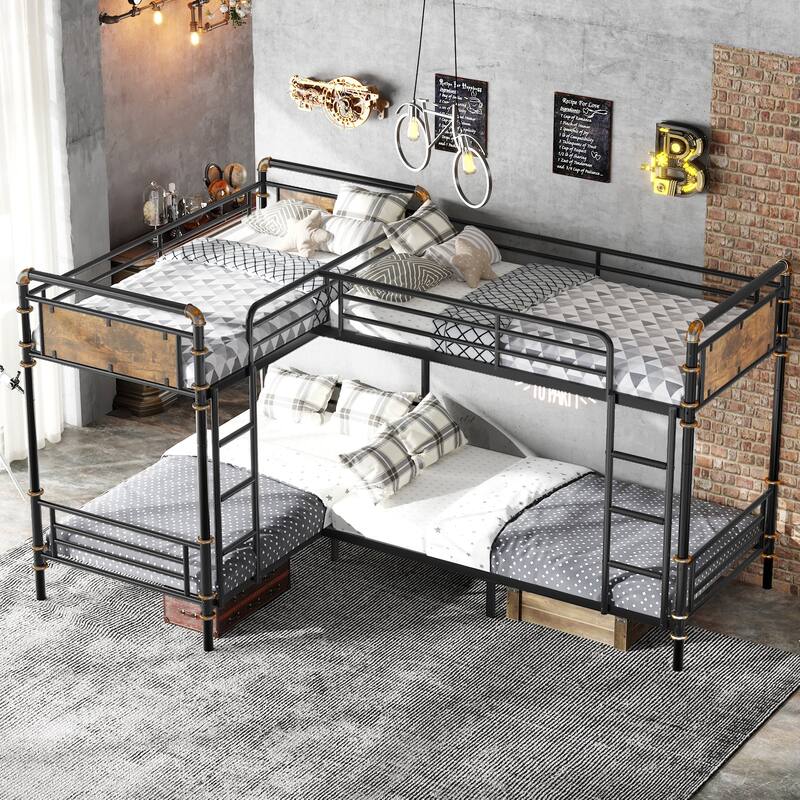 Quad Bunk Bed for 4 Kids, L-shape Metal Frame Twin Size Bunk Bed, Detachable Triple Bunk Bed, Separable Into 3 Twin Beds, Black - Black - Twin
