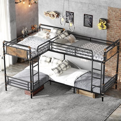 Quad Bunk Bed for 4 Kids, L-shape Metal Frame Twin Size Bunk Bed, Detachable Triple Bunk Bed, Separable Into 3 Twin Beds, Black