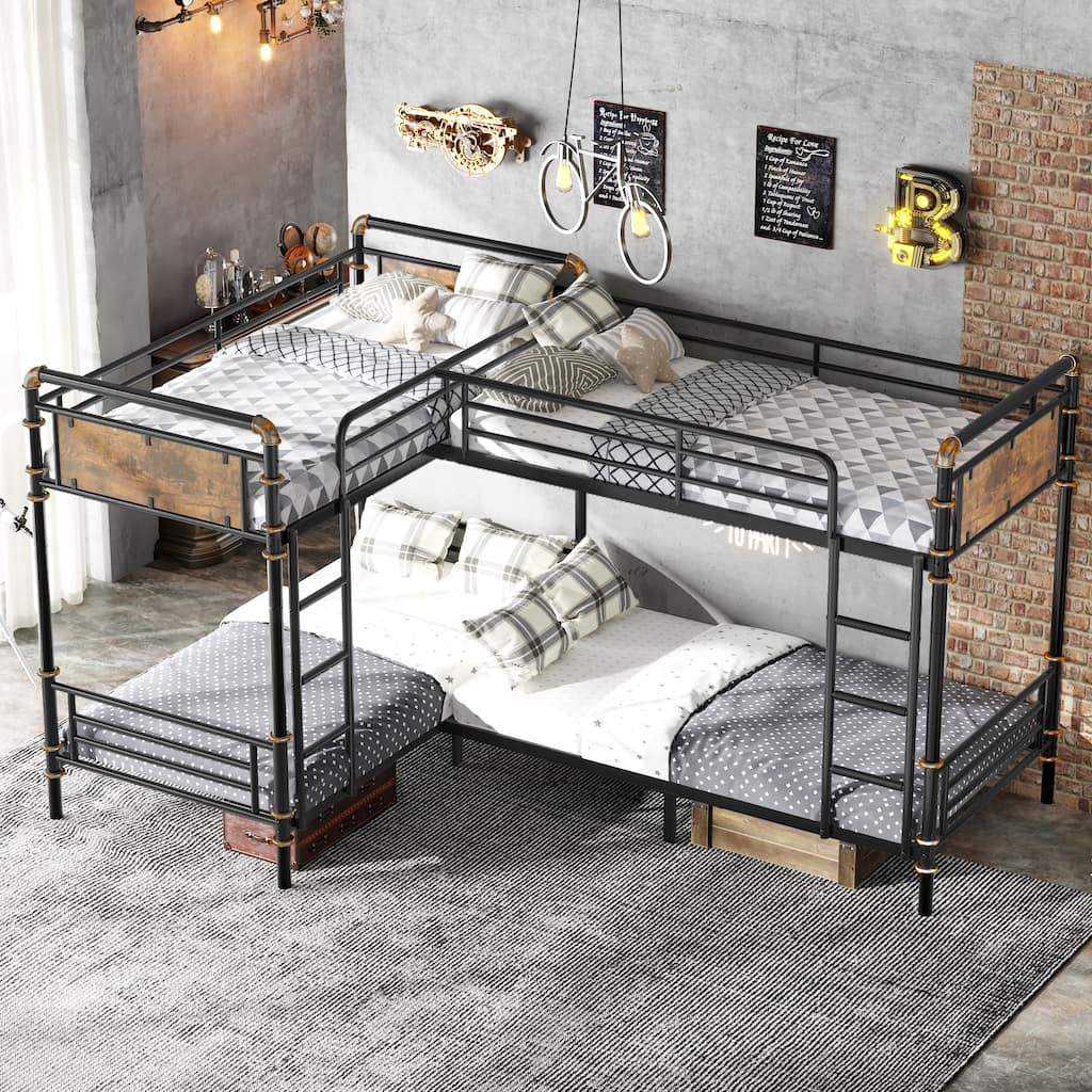 Quad Bunk Bed for 4 Kids, L-shape Metal Frame Twin Size Bunk Bed, Detachable Triple Bunk Bed, Separable Into 3 Twin Beds, Black