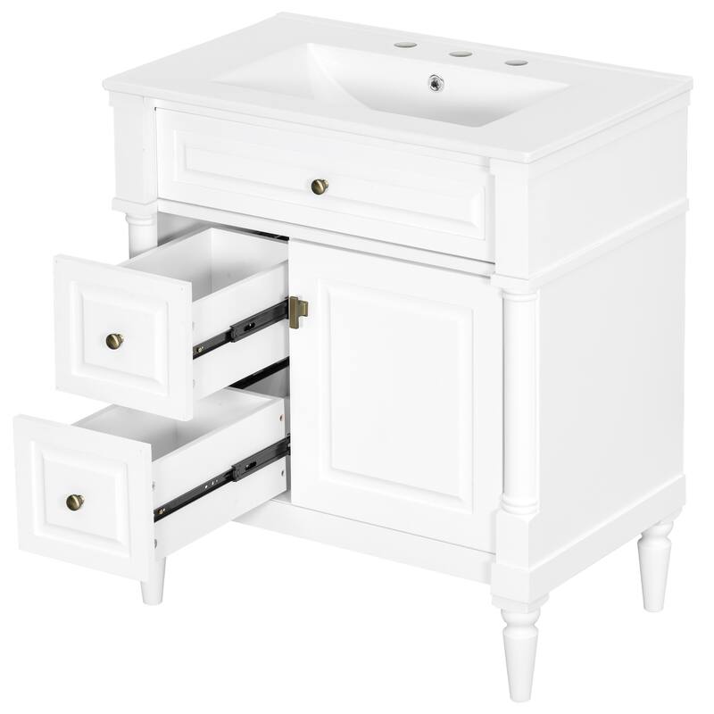 Roomfitters 30" Bathroom Vanity with Sink, Solid Wood Frame, Flip Drawer, 2 Drawers & Door Rack