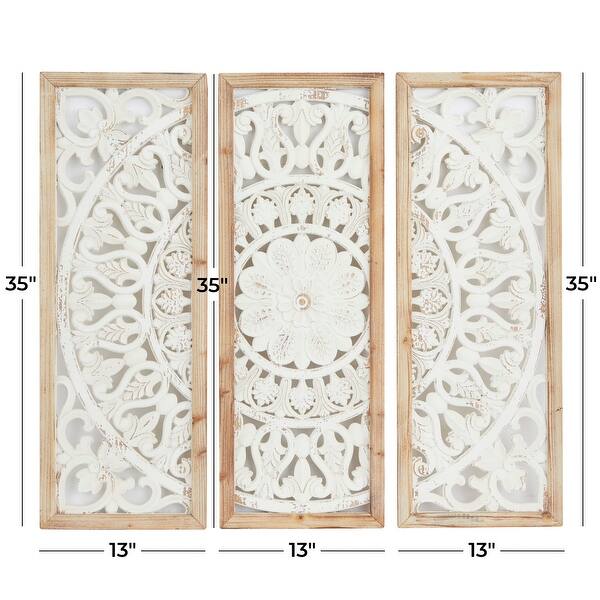 White Wood Intricately Carved Floral Home Wall Decor with Mandala ...