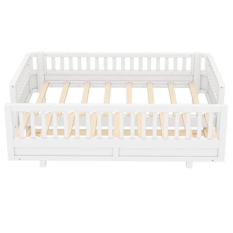 Twin XL Size Platform Bed with Guardrails, Solid Wood Twin XL Bed Frame, Can Be Converted into a Queen Platform Bed, White
