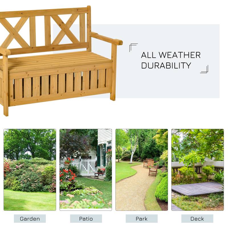 Cream White Rustic Solid Fir Wood Storage Boxes with Bench and 4 Wooden Legs for Porch Deck Garden and Balcony
