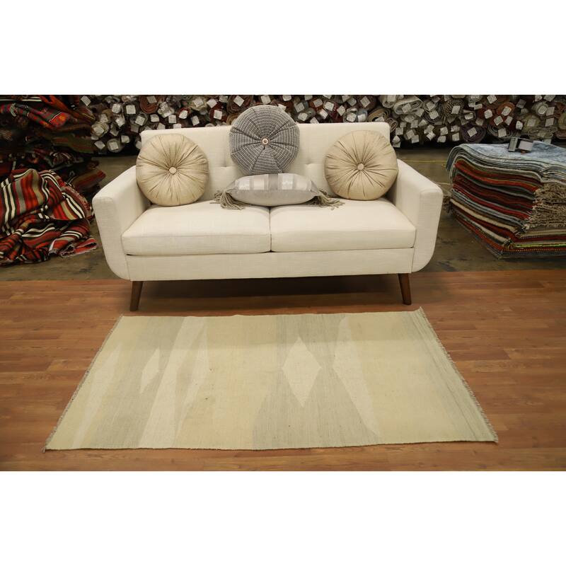 Hand Woven Oriental 100% Wool Carpet Southwestern Modern Beige & Ivories Kilim Area Rug - 5' 0'' X 2' 11''