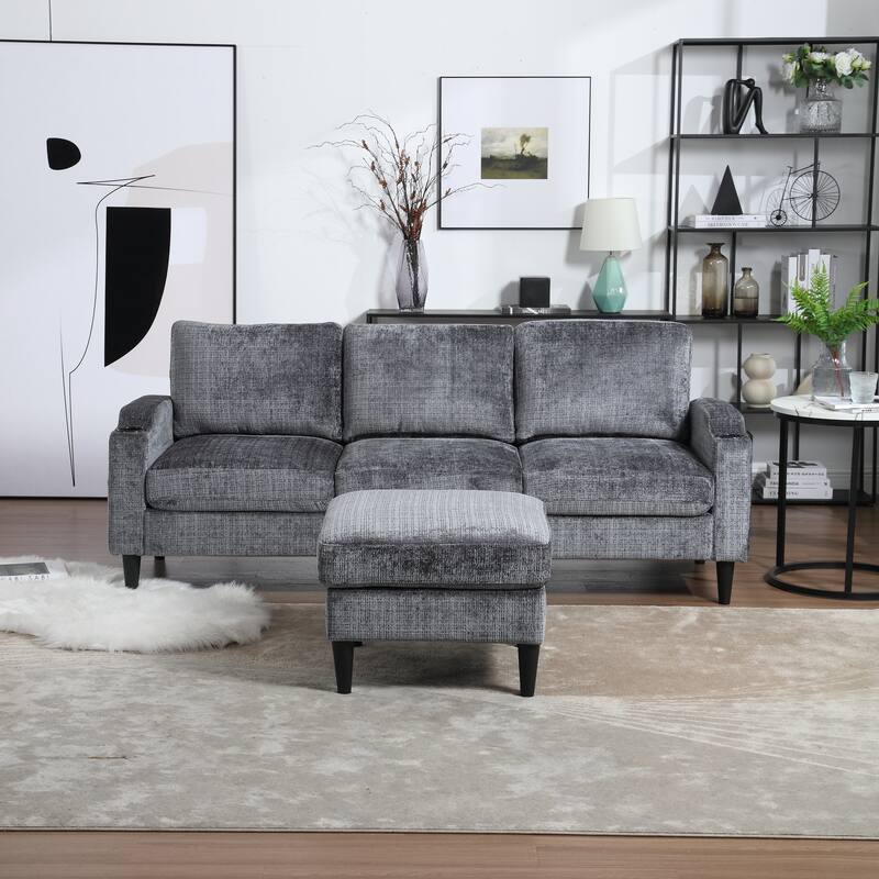 Modular Sectional Sofa with Storage Ottoman, Comfy Chenille Fabric Sofa, 3-Seater Sofa with Side Pockets & 2 Cup Holders