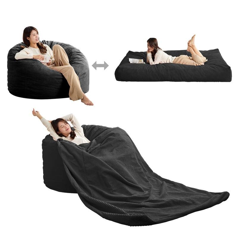 Mixoy Corduroy Bean Bag Lazy Sofa Chair Bed,Convertible Adult Beanbag from Lazy Chair to Floor Mattress,Machine Washable - Dark Grey-Queen Size - Large