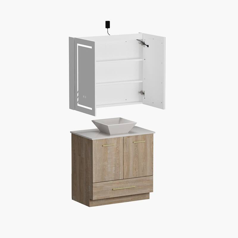 Gleaming Vanity Set Ceramic Basin and LED Mirror Cabinet Combo