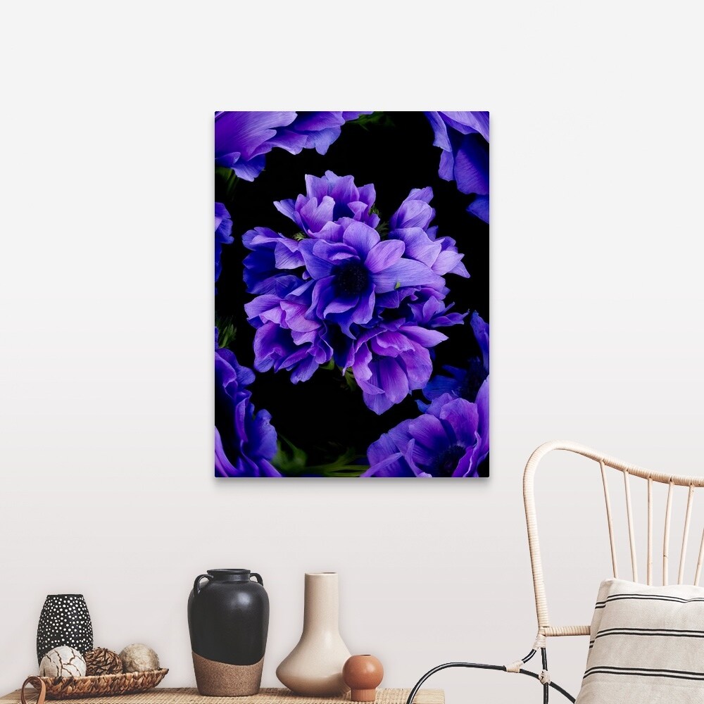 Purple Flowers On Black Background Canvas Wall Art Overstock 16468479