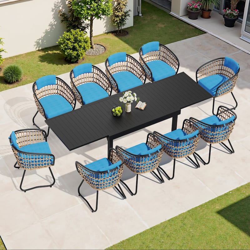 5/7/11-Piece Set Outdoor Aluminum Extendable Patio Dining Table Set with Rattan Chairs - Blue - 106.2 in Table - 11pcs Set
