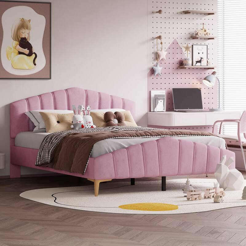 Queen Size Velvet Platform Bed with Thick Fabric - Pink