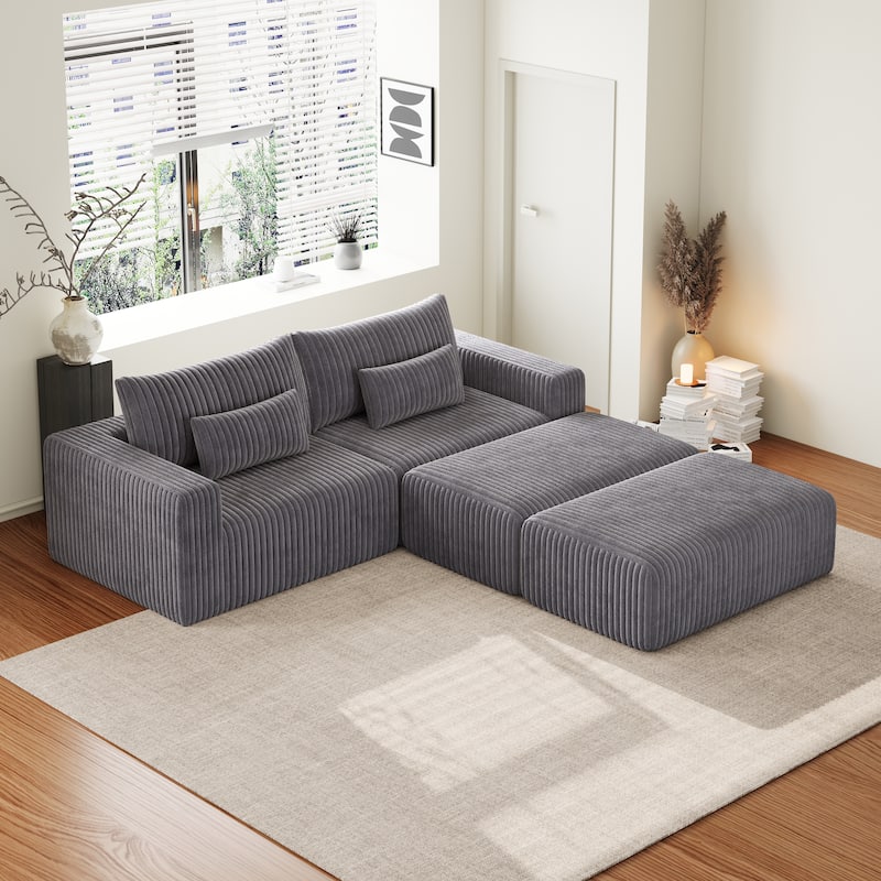 102" Corduroy Lounge Sectional Sofa with 2 Footstools