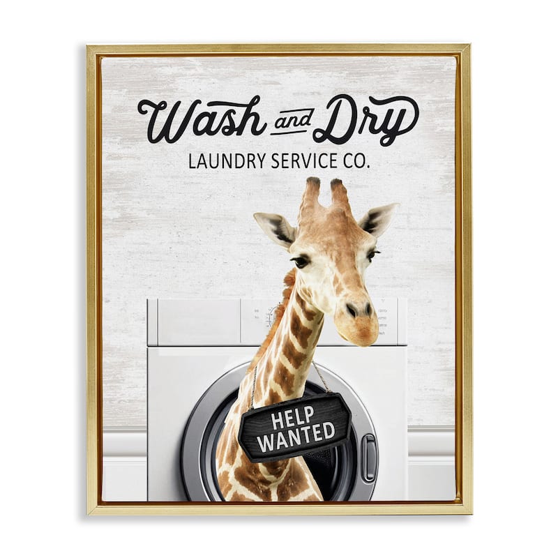 Stupell Wash & Dry Laundry Giraffe Framed Floater Canvas Wall Art Design By Lettered and Lined - 25 x 31 - Gold