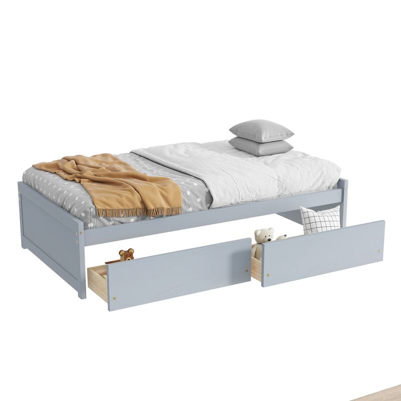 Twin Size Bed with 2 Storage Drawers Solid Rubber Wood Platform Frame