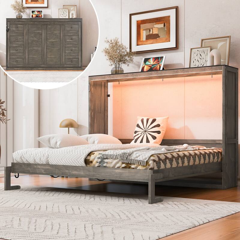 Wooden Murphy Bed with Desk and LED Light/Foldable Wall Bed Cabinet/Hydraulic Lift System/Wood Slats Support/Space-Saving Design