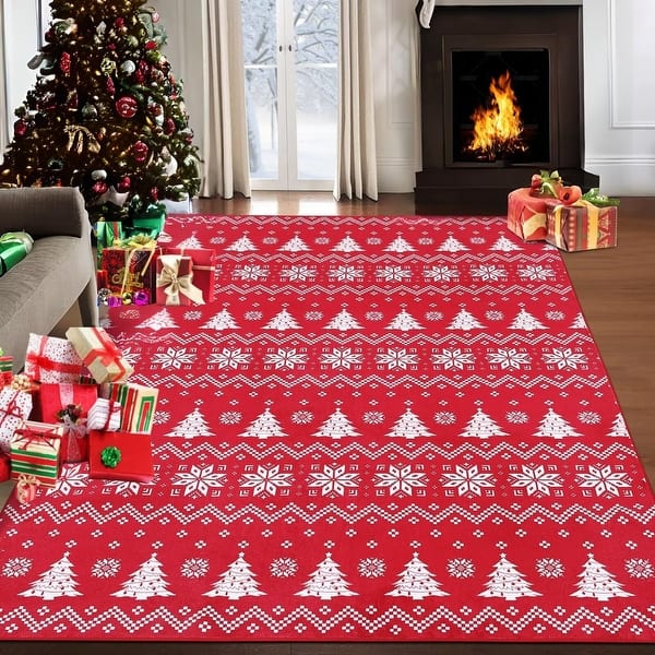 slide 2 of 20, Garvee Christmas Area Rug Snowflake and Xmas Tree Pattern Rug 4' x 6' - Red