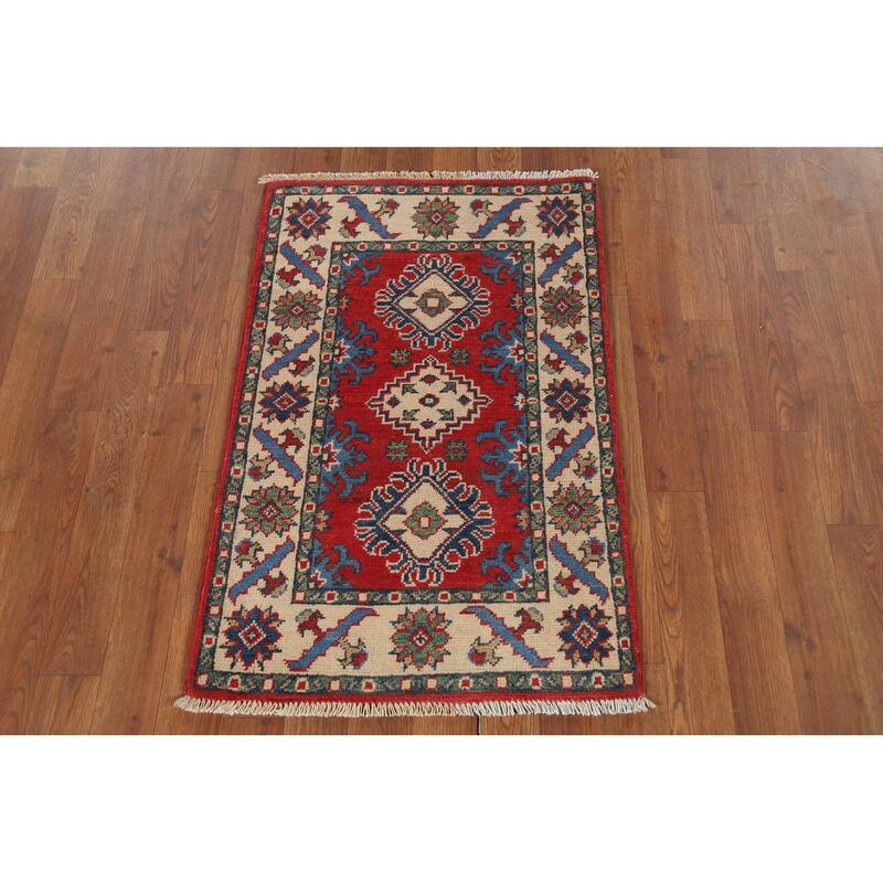 Geometric Red Kazak Oriental Accent Rug Handmade Wool Carpet - 2'1"x 2'10"