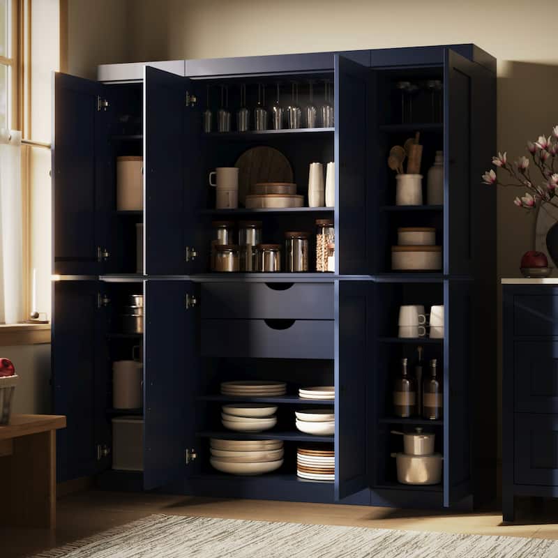 Palace Imports 100% Solid Wood Kitchen China Cabinet Pantry with Glass or Solid Wood Doors and 2-Drawer Kit - 65" x 71.5" - Navy - Solid