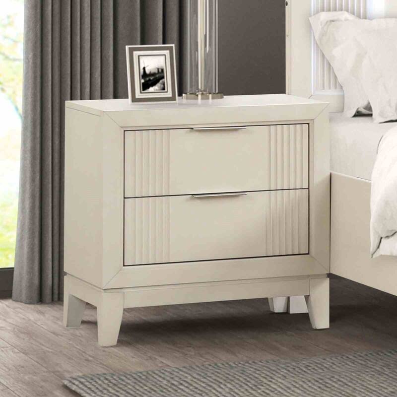 Transitional Nightstand - Antique White Finish, Fluted Design & Chrome Handles
