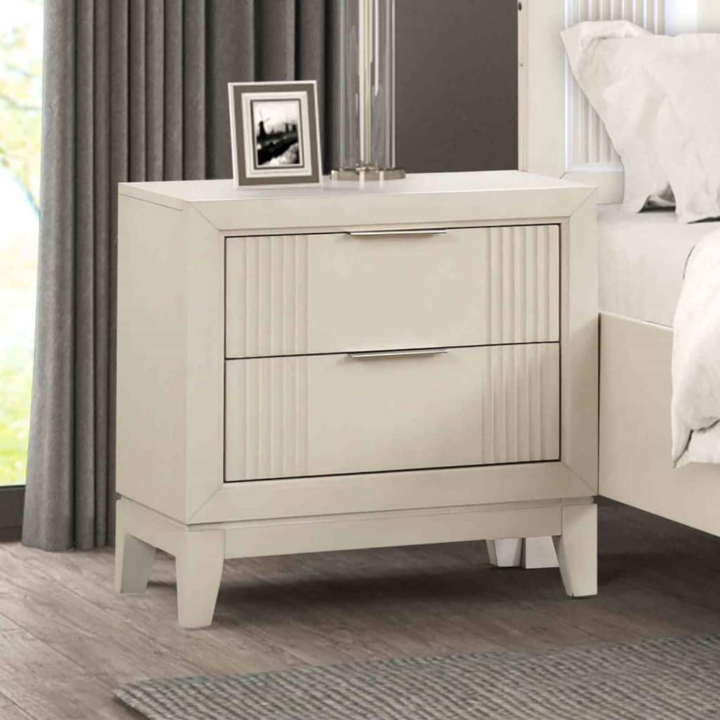Transitional Nightstand - Antique White Finish, Fluted Design & Chrome Handles