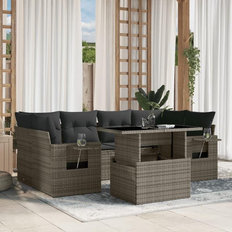vidaXL Patio Sofa Set with Cushions Outdoor Furniture 7 Piece Poly Rattan - 24.4 x 24.4 x 27.2 - Grey-without storage