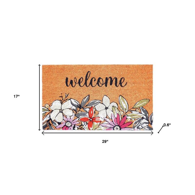 HomeRoots 17" X 29" Brown Black And White Floral Welcome Outdoor Coir Door Mat - 17.00' X '29.00