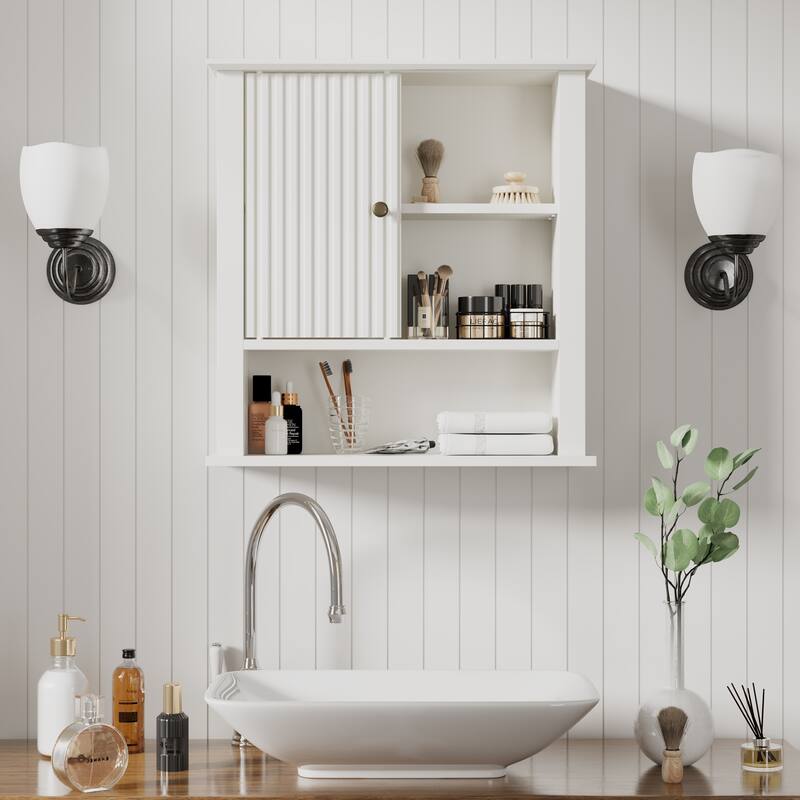Modern White Medicine Cabinet with Fluted Silding Door & Adjustable Shelves - N/A