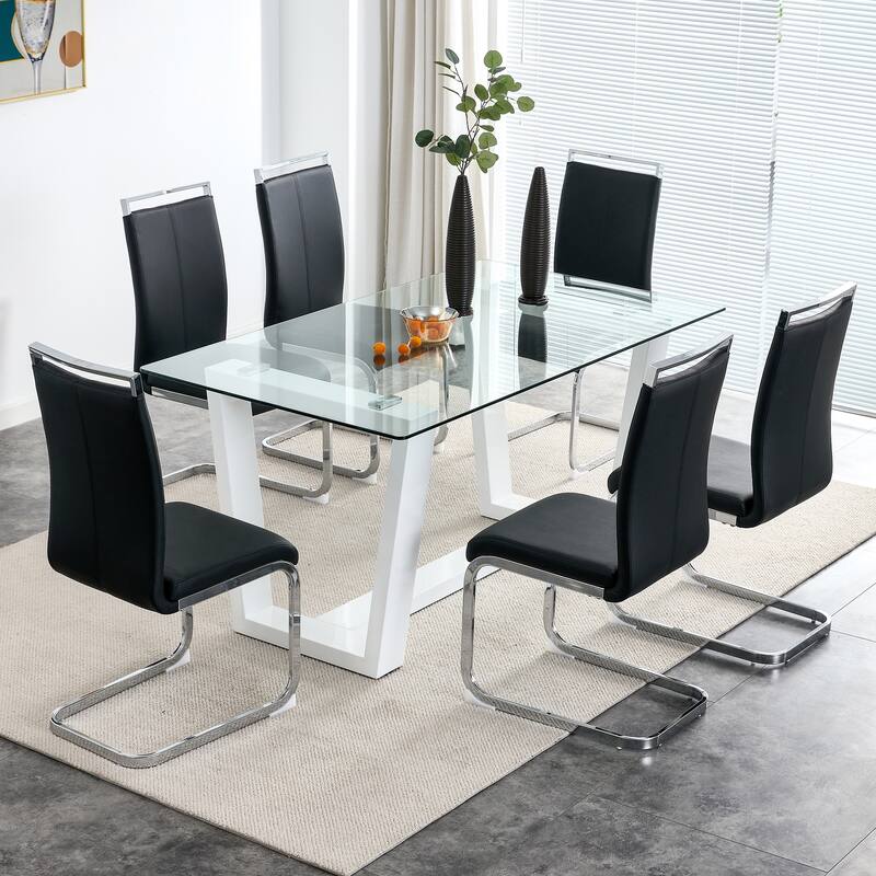 Glass Dining Table Large Modern Minimalist Rectangular for 6-8 with 0.4" Tempered Glass Tabletop