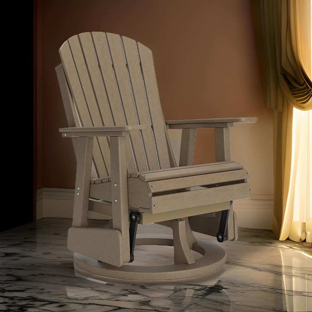 Sami 31 Inch Outdoor Swivel Glider Chair, Slatted, Adirondack, Brown Finish