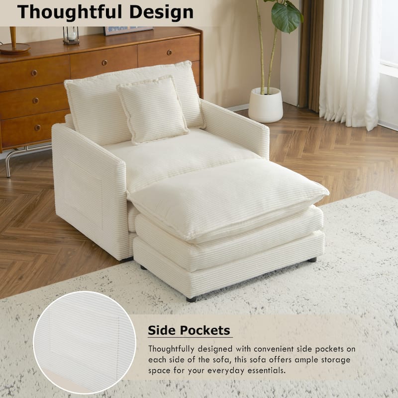 Corduroy Armchair with Ottoman, Storage Pockets and 2-Layer Foam Cushions