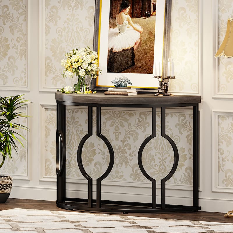 43" Half Moon Console Table for Entryway, Industrial Semi Circle Sofa Table with Geometric Base