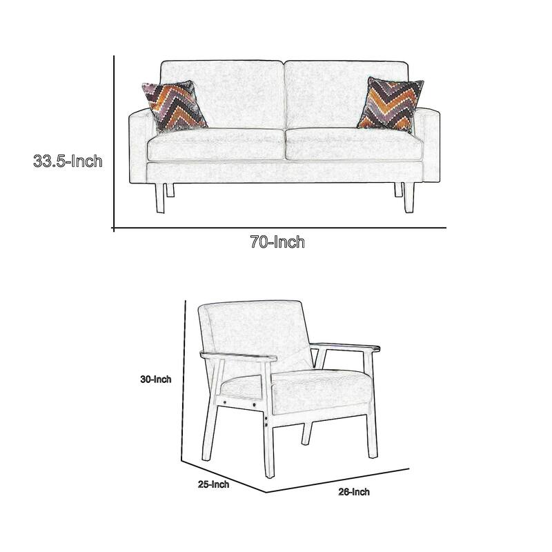 Gala 3 Piece Sofa and Chairs Set, Ivory Fabric, 2 Pillows, Brown Wood Frame