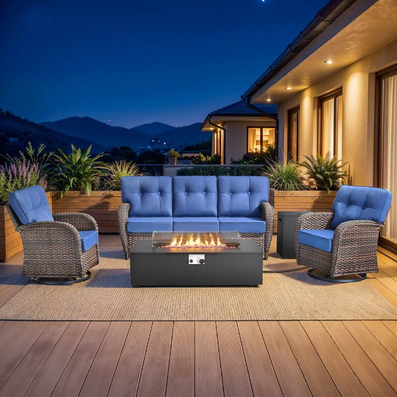 Pocassy 43-In Fire Pit w/ Outdoor Sofa Swivel Chair Ottoman Set - Brown Wicker Blue Cushion - 4PCS Fire Table w/ T-back Sofa Swivel Chair Set