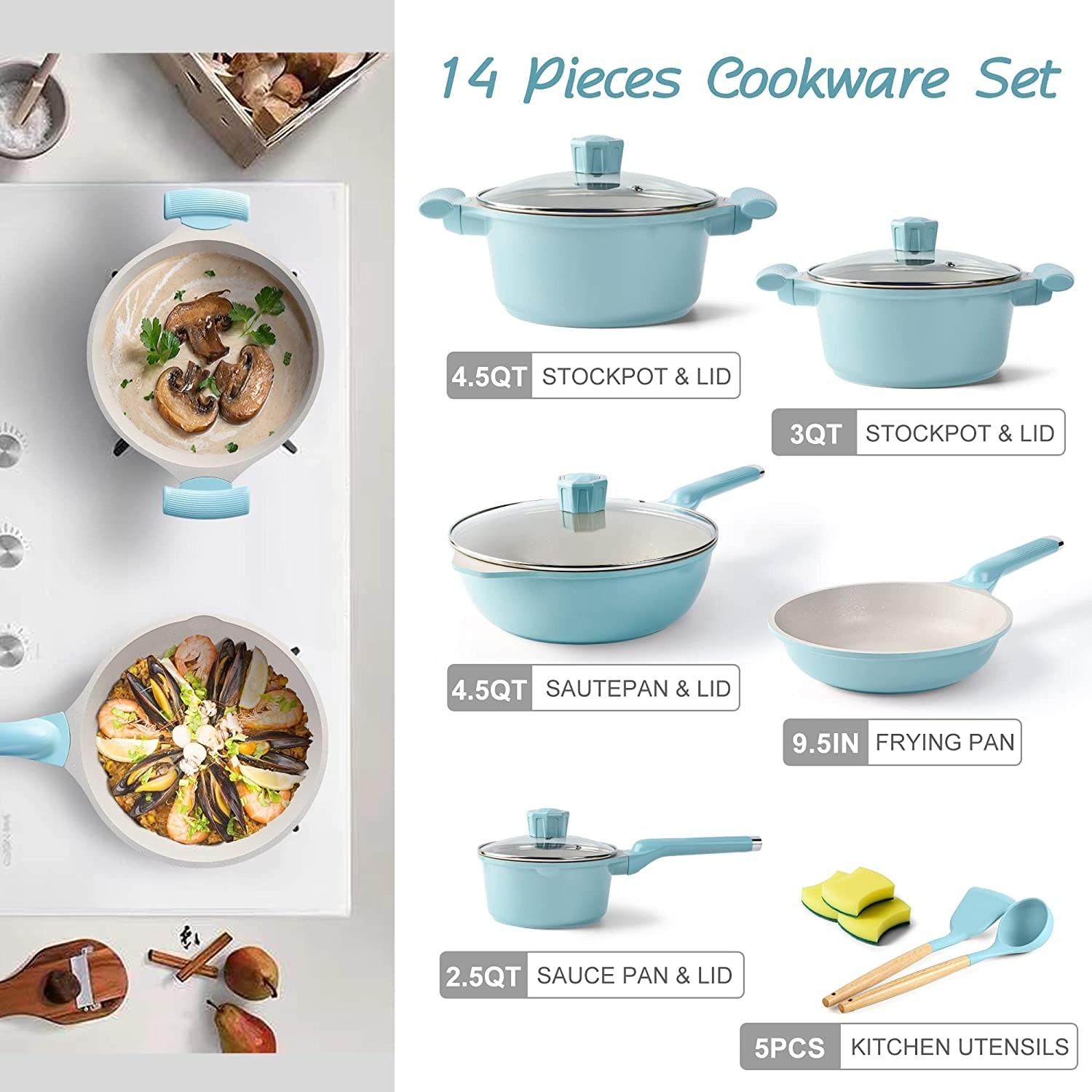 Caannasweis Nonstick Pots and Pans Set, Beige Kitchen Cookware