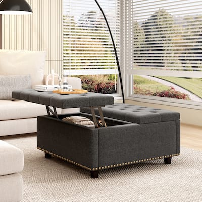 Cotton linen fabr Oversized Storage Square Chair with Storage Large Square Ottoman with Storage Double Door Storage Footstool