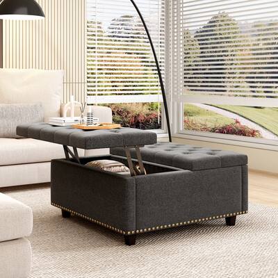 Cotton linen fabric Oversized Storage Square Chair with Storage Large Square Ottoman with Storage Double Door Storage Footstool
